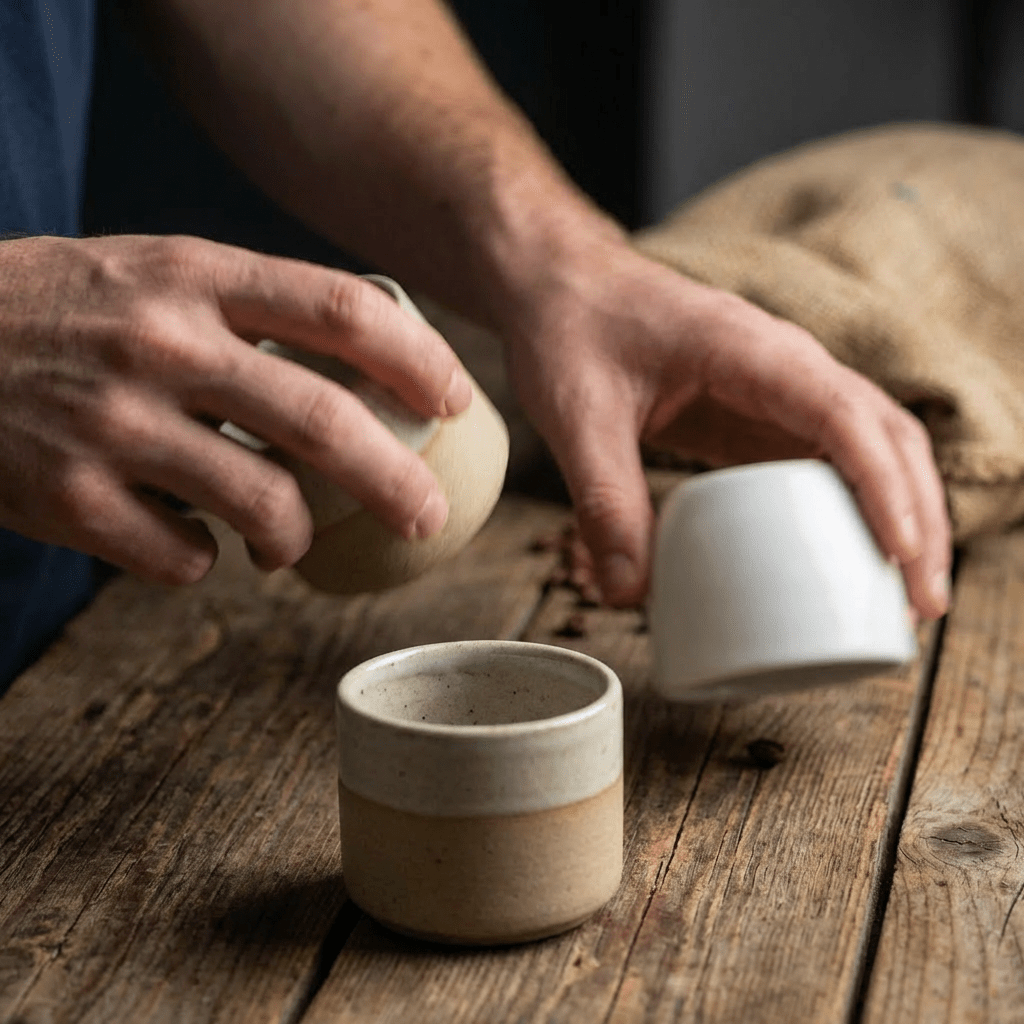 Hands inspecting a coffee bean over ceramic cups and a sack of coffee beans.