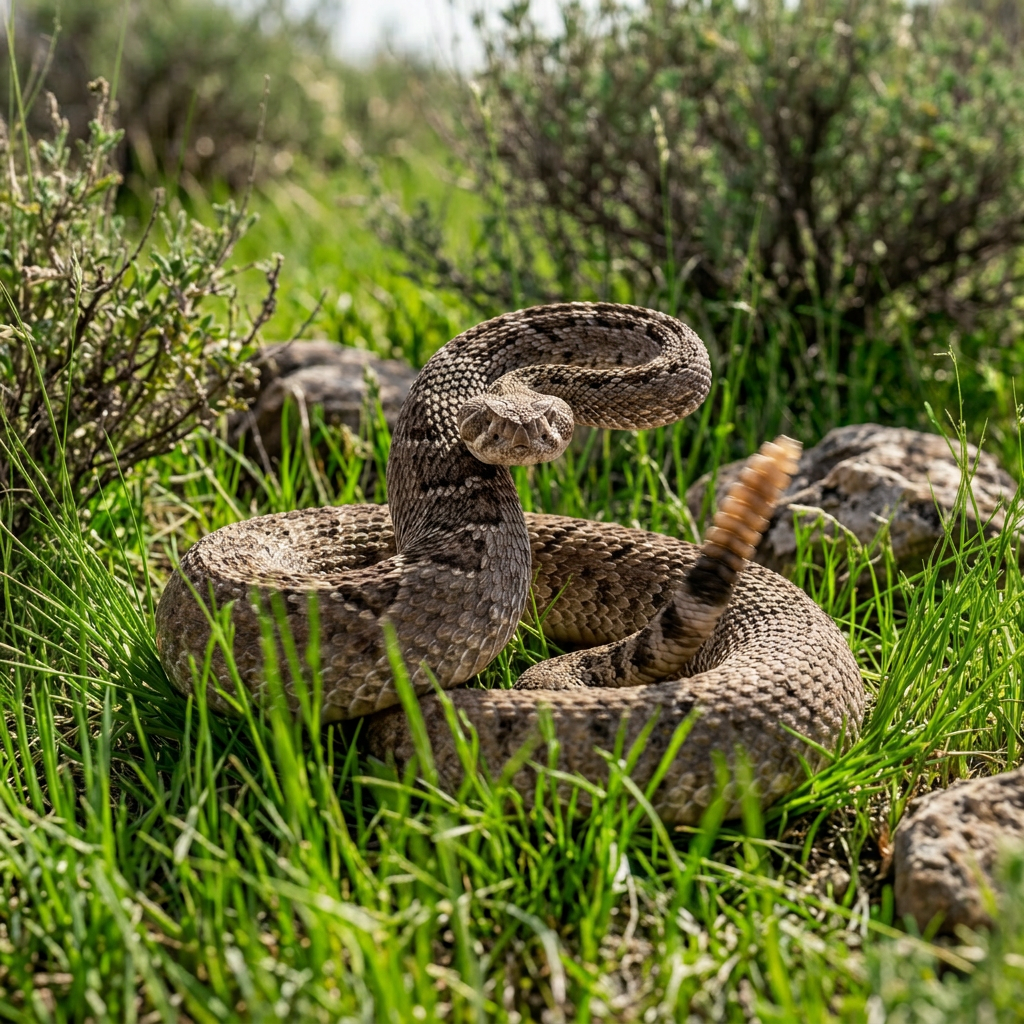 Coiled rattlesnake with raised head and rattling tail in dry grass