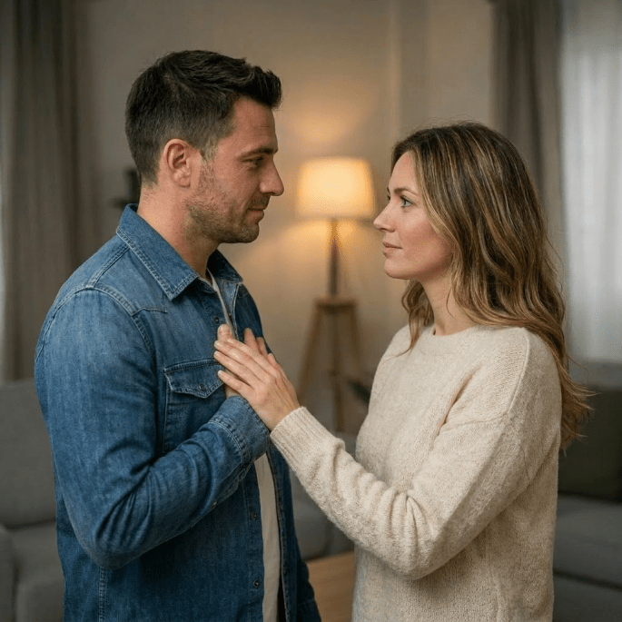 Woman facing man with pleading expression and hands together